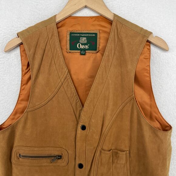 ORVIS Vest Mens S Leather Cargo Hunting Safari Utility Shooting Lined Brown - Picture 5 of 14